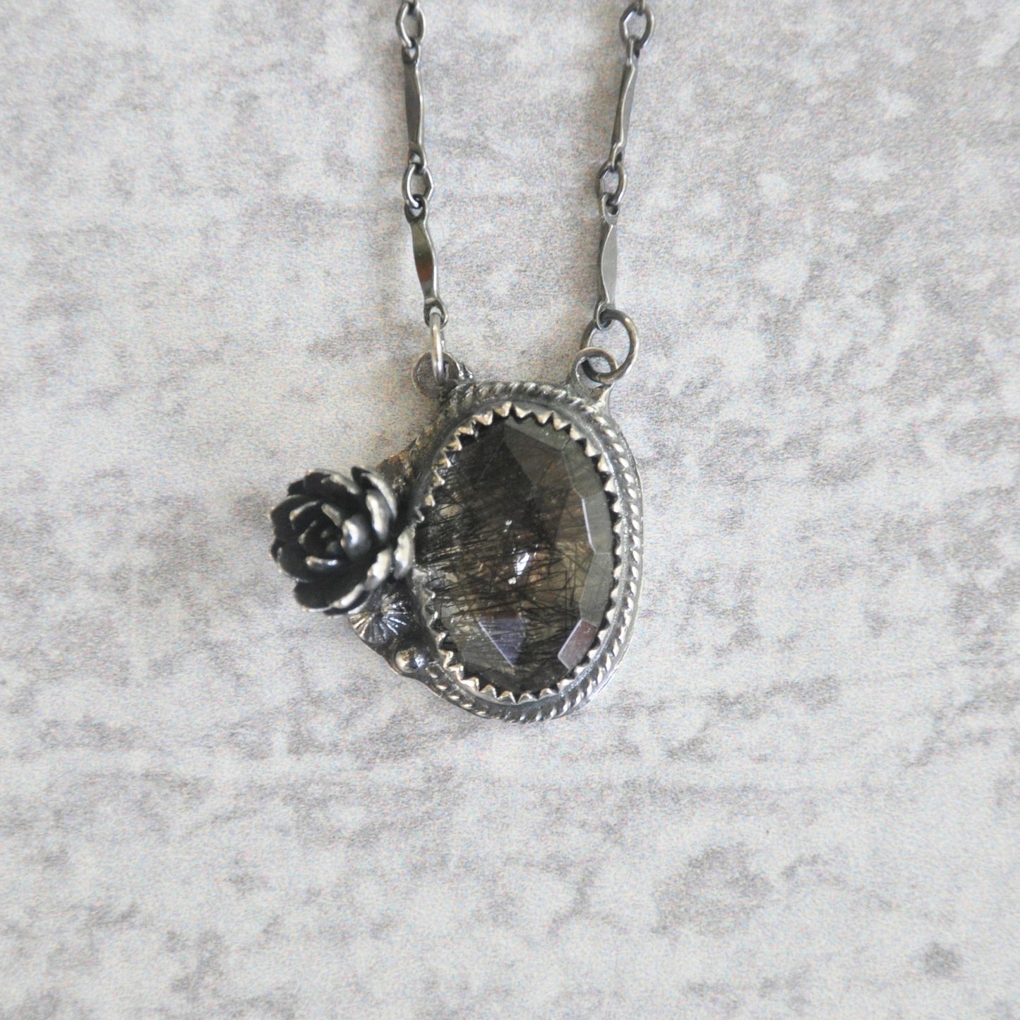 Reticulated Black Quartz + Succulent Necklace