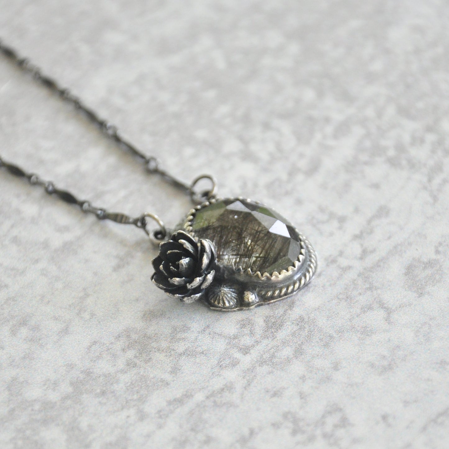 Reticulated Black Quartz + Succulent Necklace