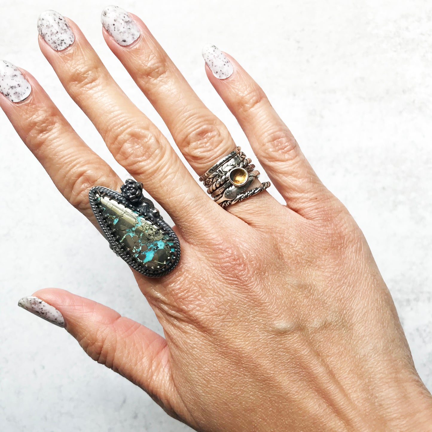 Pyrite + Turquoise Ring with Succulent • Size 6.25 US