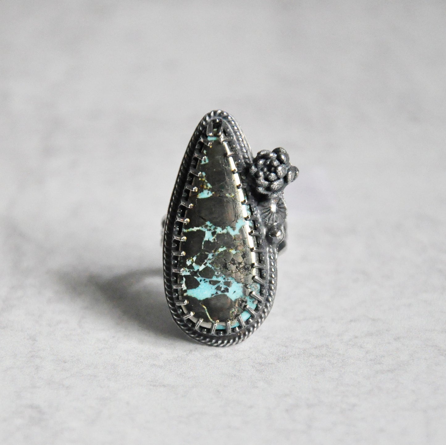 Pyrite + Turquoise Ring with Succulent • Size 6.25 US
