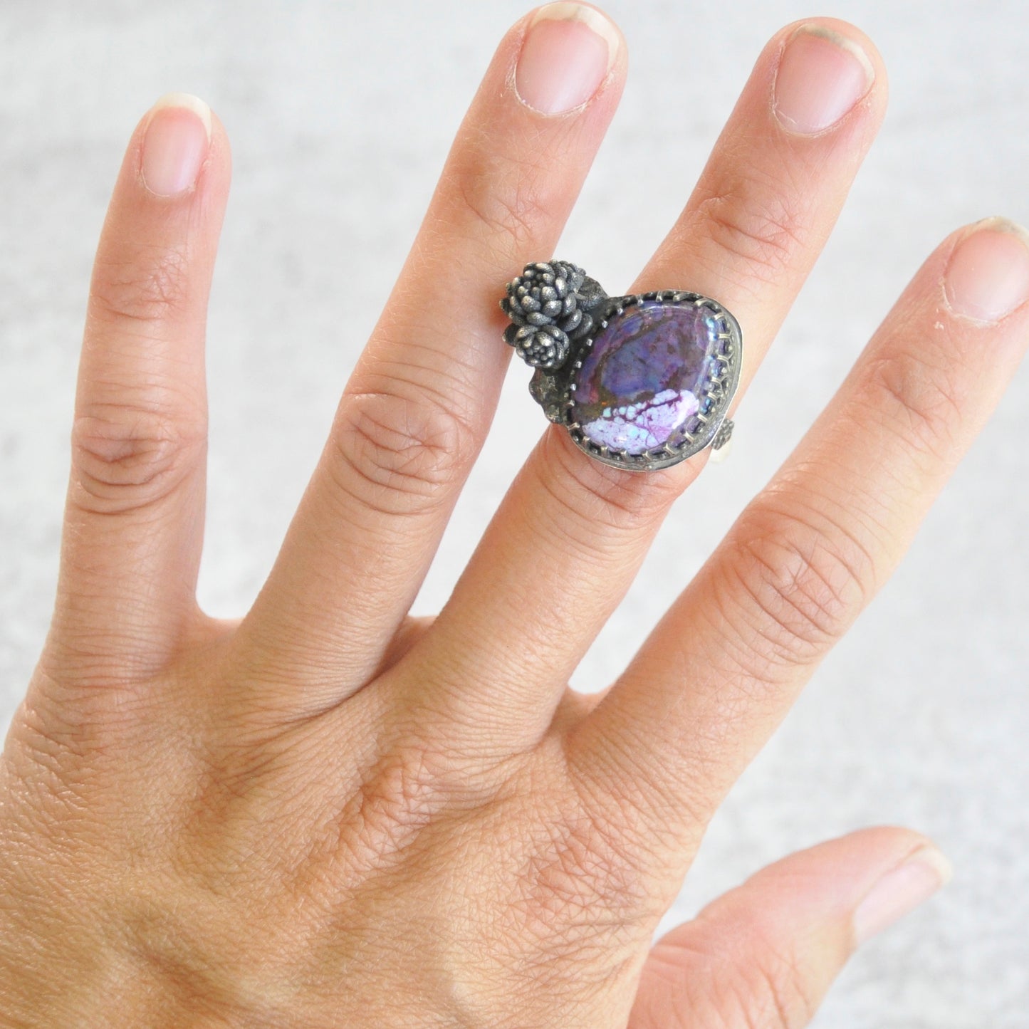 Purple Mohave Turquoise + Succulent Statement Ring • Size 6 US