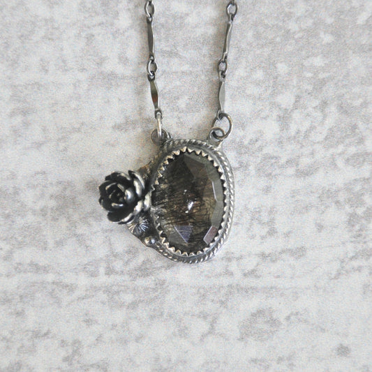 Reticulated Black Quartz  + Succulent Necklace