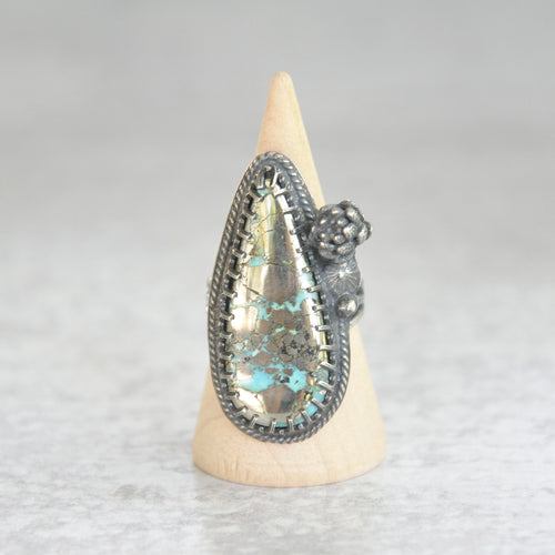 Pyrite + Turquoise Ring with Succulent • Size 6.25 US