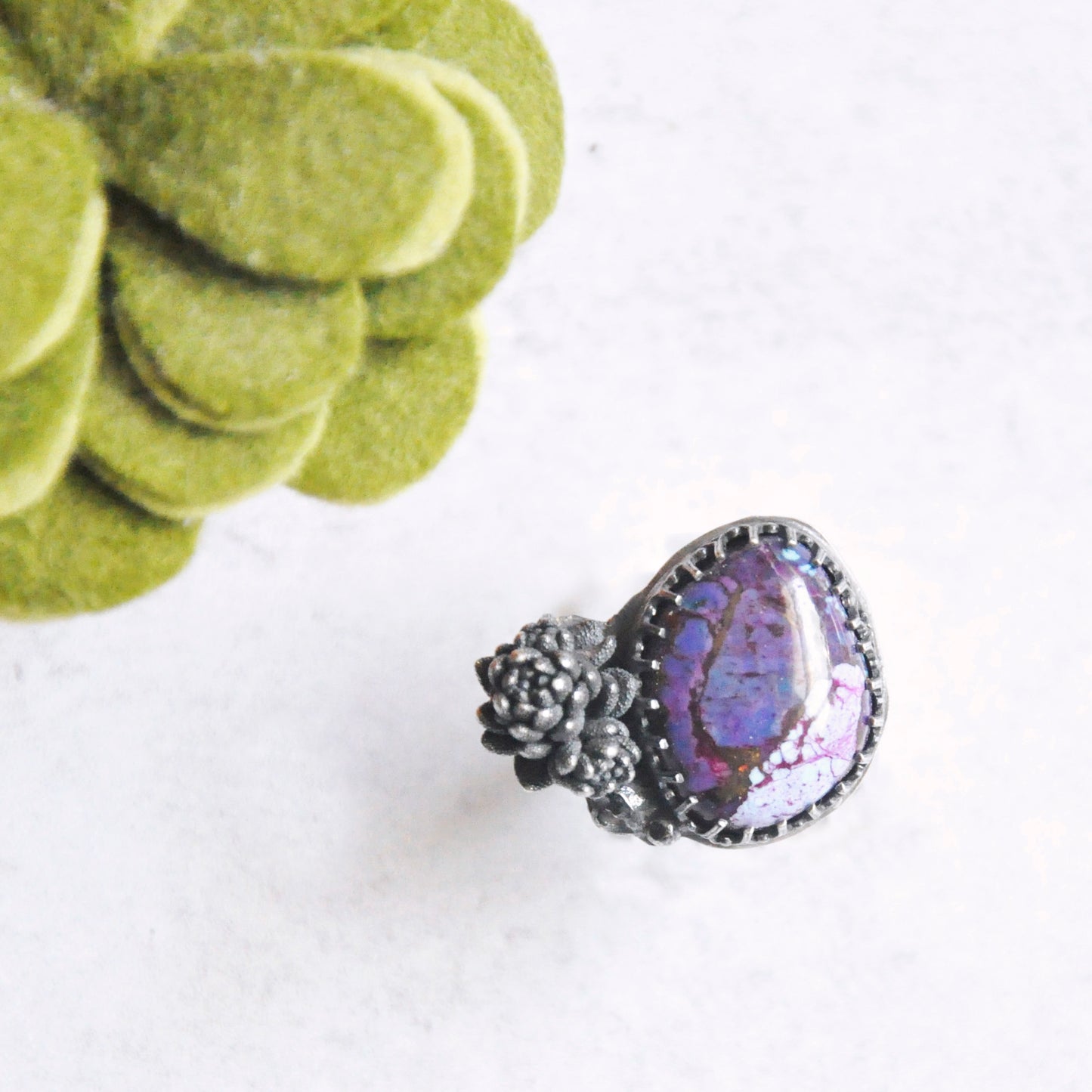 Purple Mohave Turquoise + Succulent Statement Ring • Size 6 US